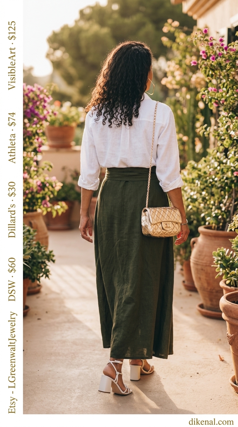 Sophisticated olive green maxi dress outfit for women over 50 in 2026. Features gold earrings, white sandals, and gold bag.