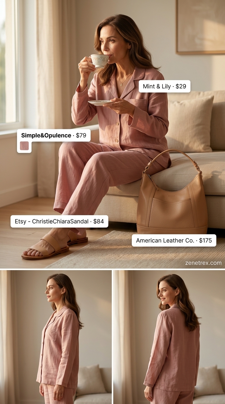Relaxed dusty rose linen pajama set outfit for women over 50 in 2026. Features cream slides and gold necklace.