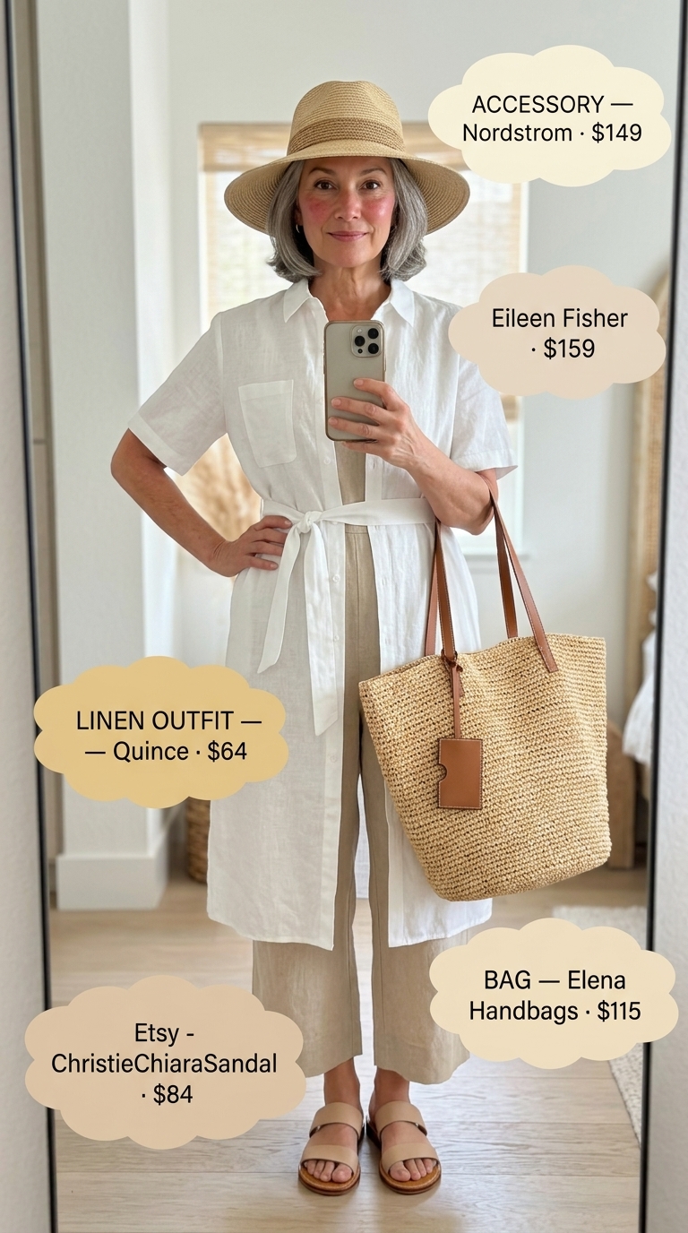 Effortless white linen shirt dress outfit for women over 50 in 2026. Features straw hat, sandals, and straw tote.