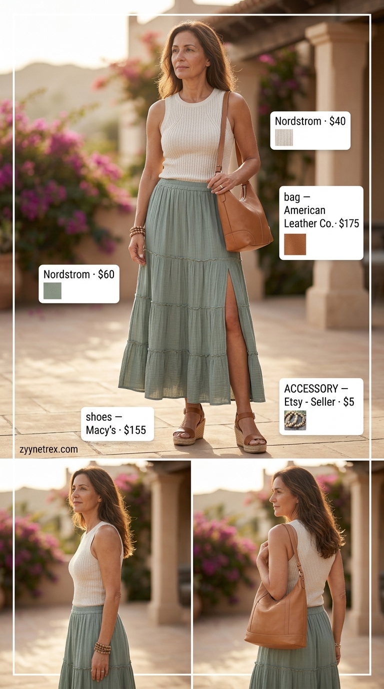 Elegant sage green linen skirt outfit for women over 50 in 2026. Features cream knit top, espadrilles, and leather bag.