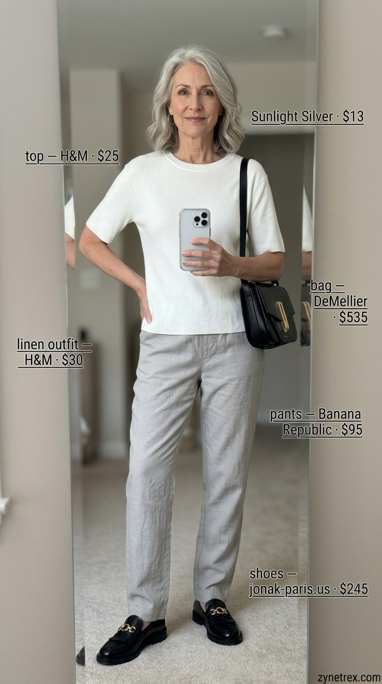 Comfortable light grey linen trousers outfit for women over 50 in 2026. Features white tee, black loafers, and crossbody bag.
