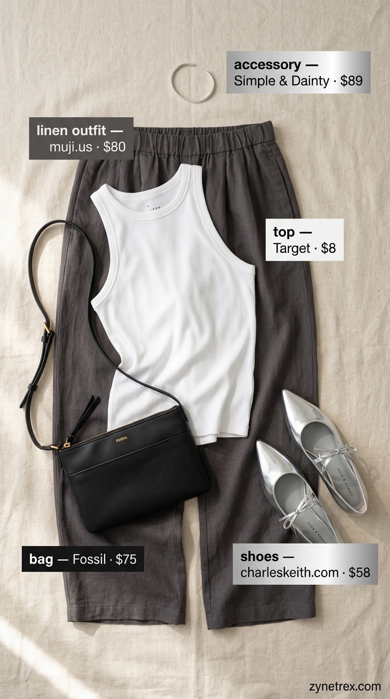 Effortless charcoal grey linen wide-leg pants outfit for women over 50 in 2026. Features white tank, silver flats, and cuff bracelet.