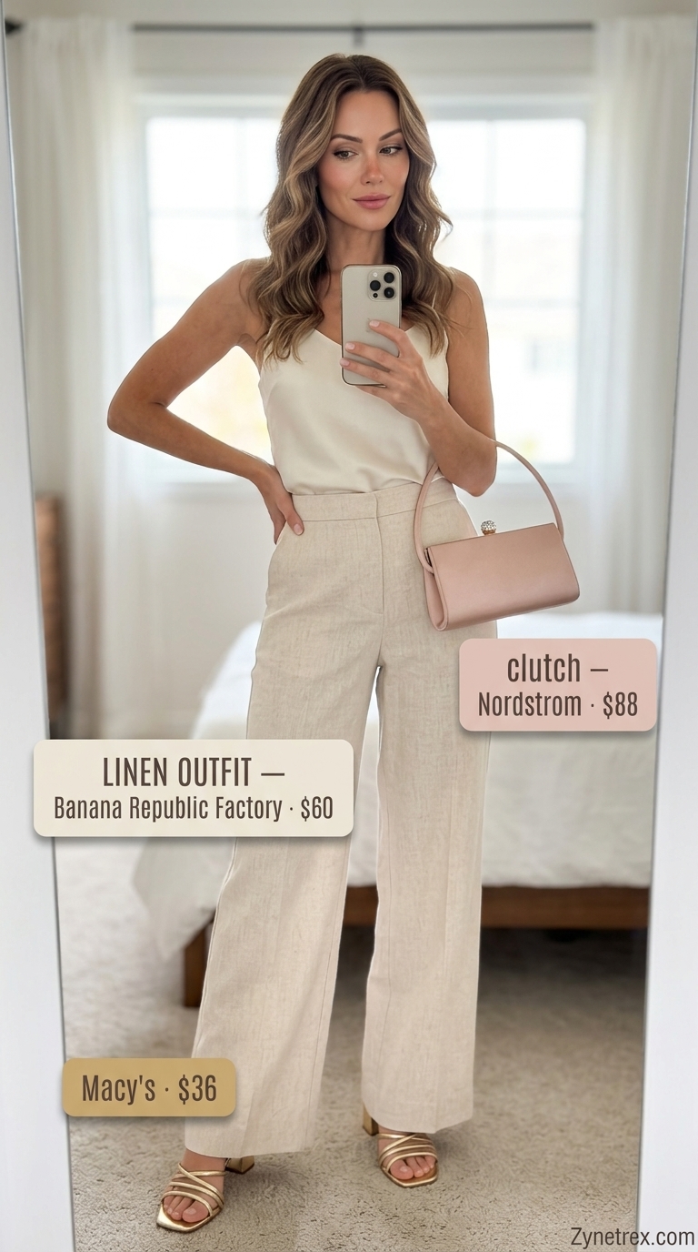 Romantic summer linen outfit for women over 40 2026: cream wide-leg pants, blush blouse, gold sandals for date night.