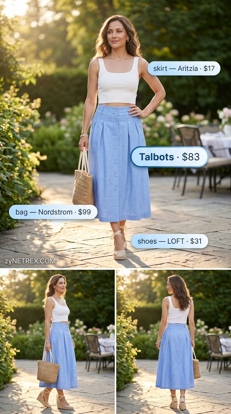 Chic summer linen outfit for women over 40 2026: sky blue midi skirt, white knit top, espadrilles for garden party.