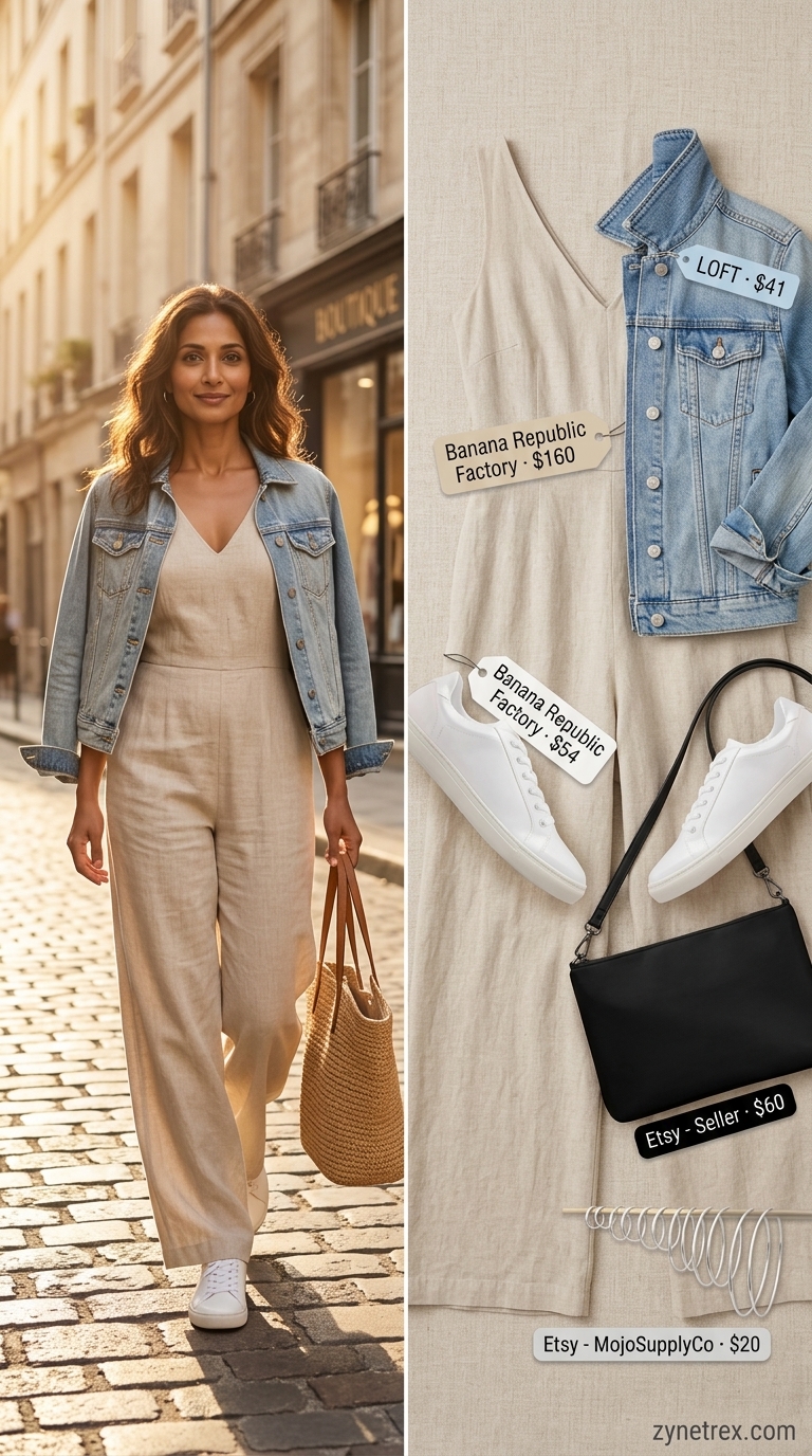 Comfortable summer linen outfit for women over 40 2026: oatmeal jumpsuit, white sneakers for city exploration.