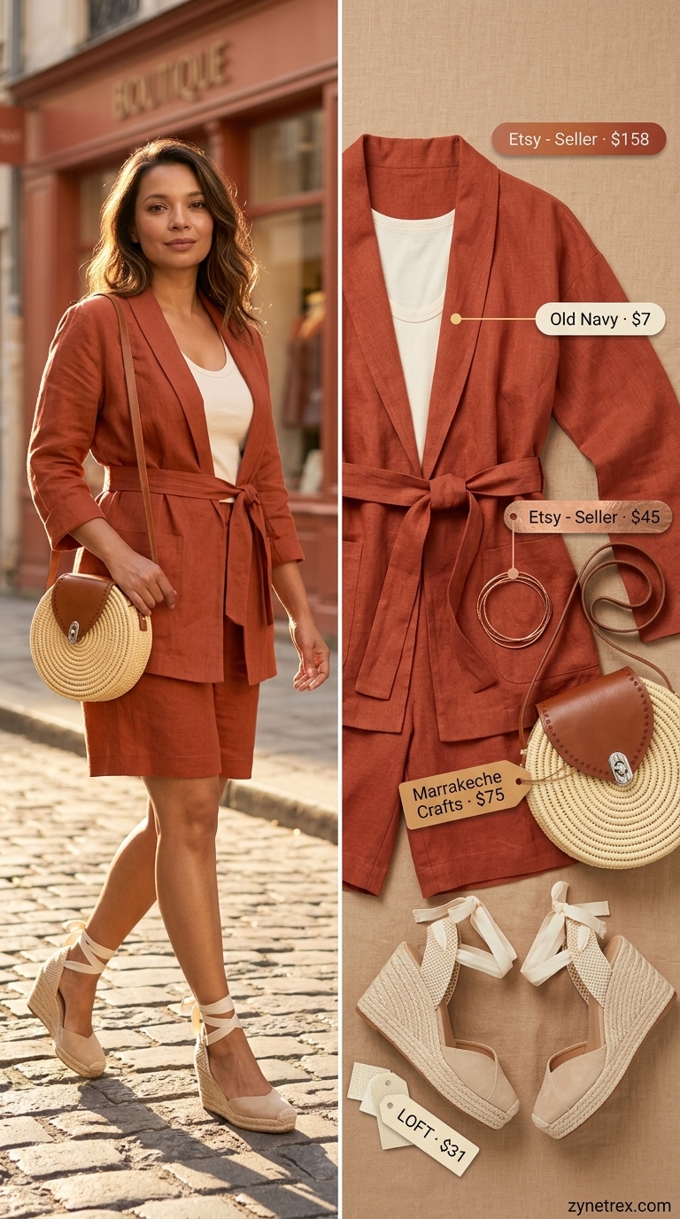 Stylish summer linen outfit for women over 40 2026: terracotta shorts set, ivory tank, espadrilles for weekend getaway.