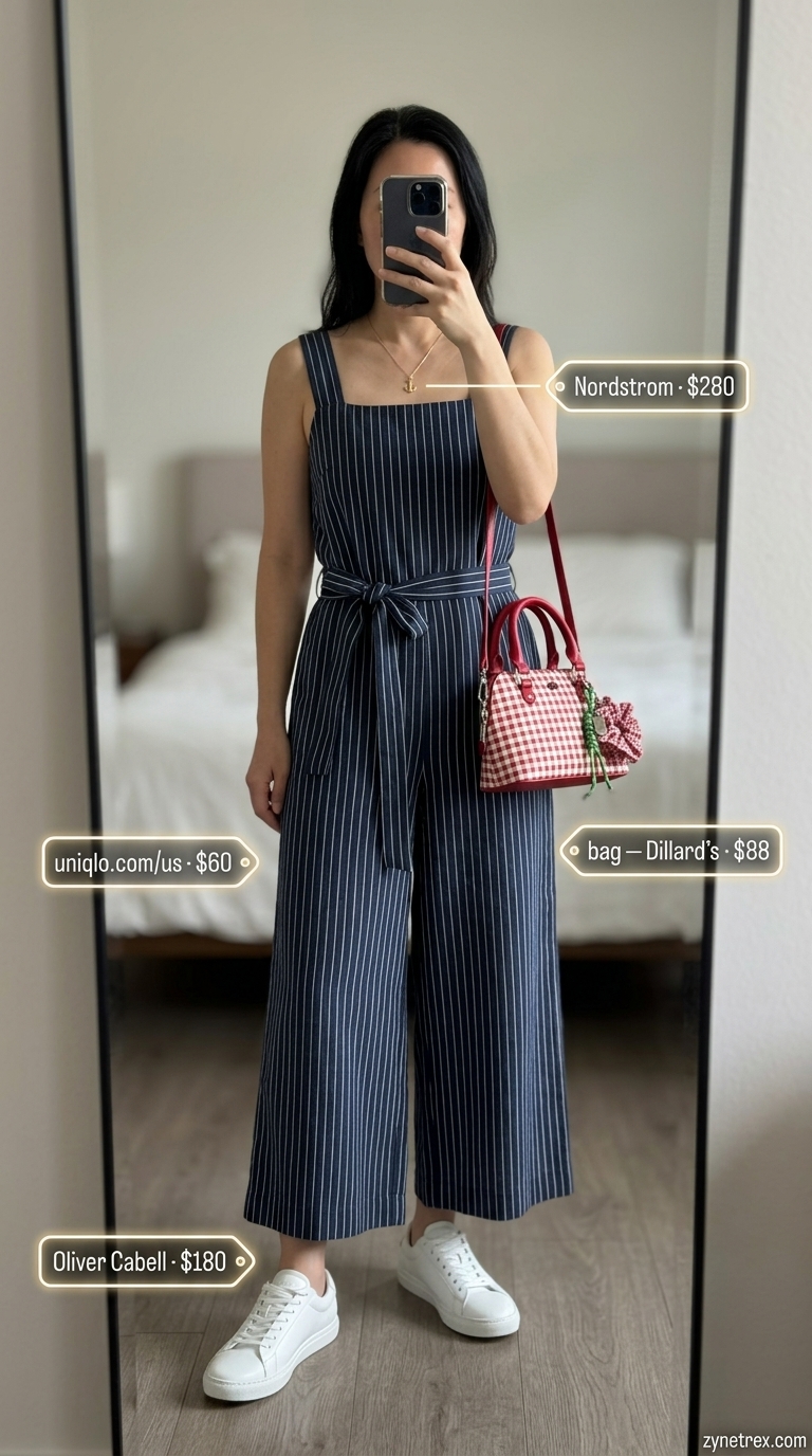 Classic summer linen outfit for women over 40 2026: navy striped jumpsuit, white sneakers for day trip.