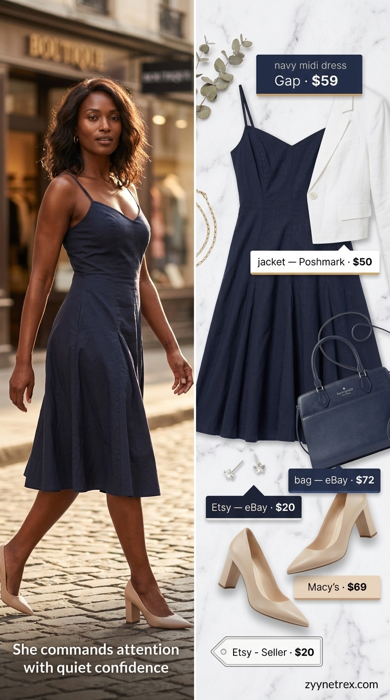 Sophisticated summer linen outfit for women over 40 2026: navy dress, white blazer for office wear.