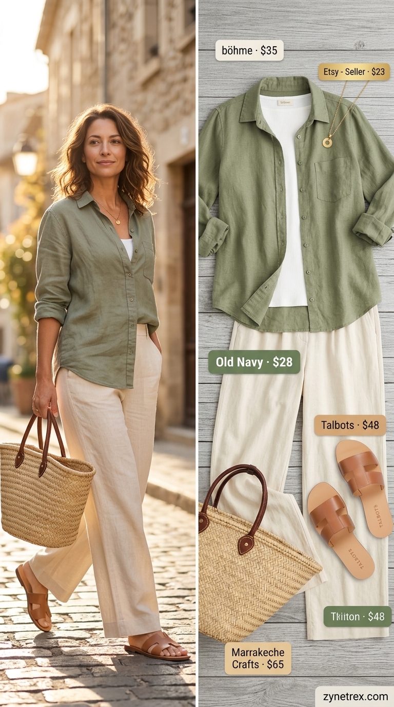 Effortless summer linen outfit for women over 40 2026: sage green trousers, cream knit top for resort wear.