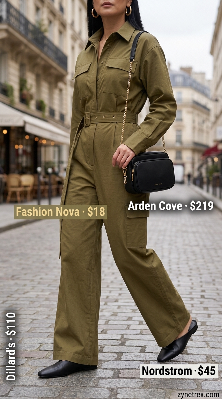 Chic summer linen outfit for women over 40 2026: olive utility jumpsuit, black mules for city sightseeing.