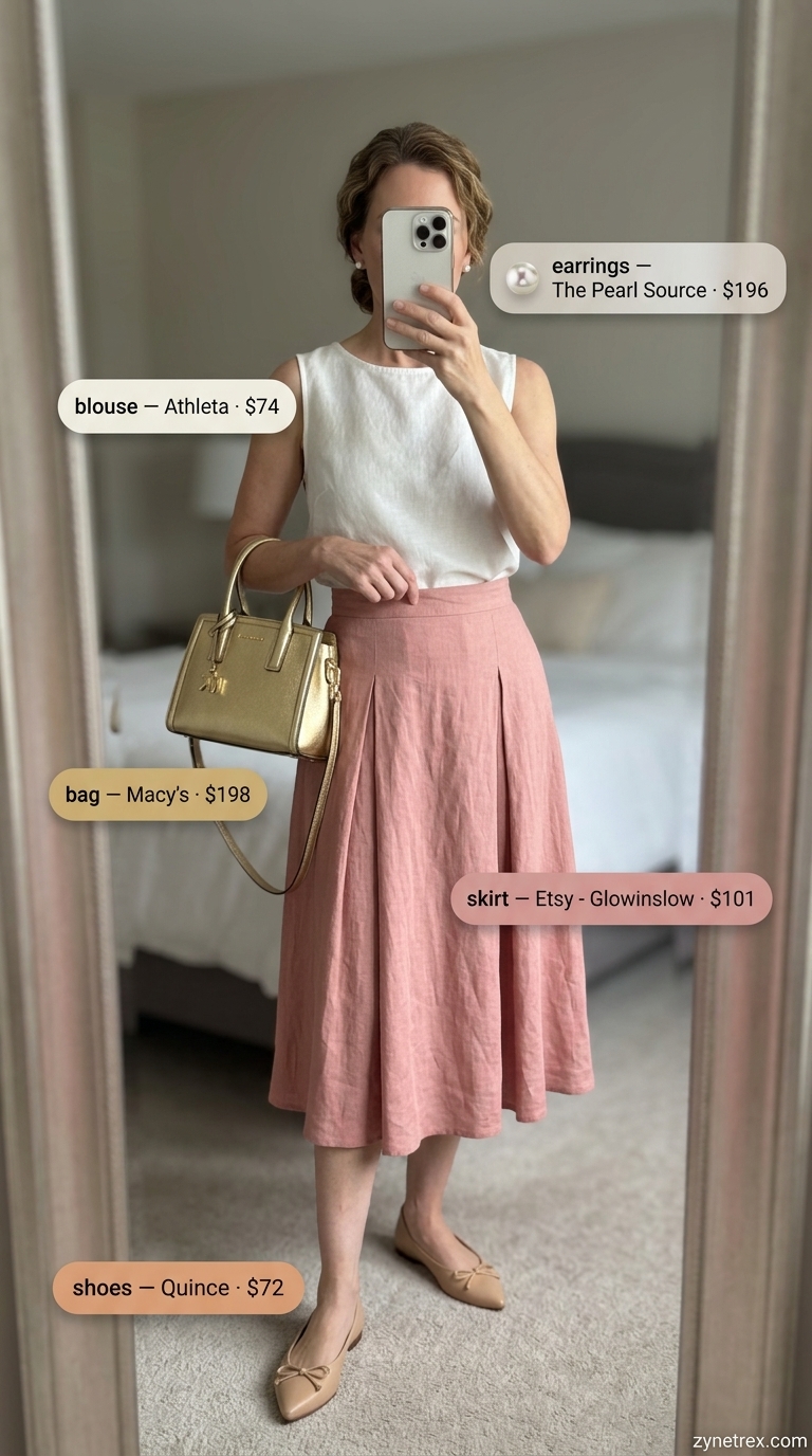 Blush pink linen midi skirt outfit for women over 50, classic brunch and wedding guest style 2026.