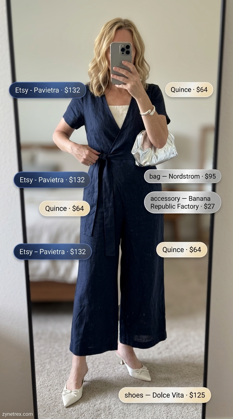 Navy blue linen jumpsuit outfit for women over 50, modern and chic for summer parties and cocktail hour in 2026.