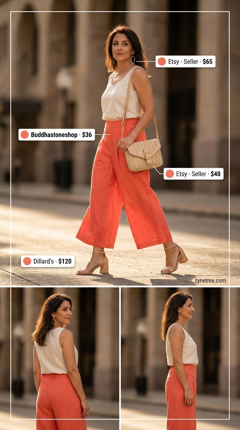 Coral linen culottes outfit for women over 50, comfortable chic for casual outings 2026.