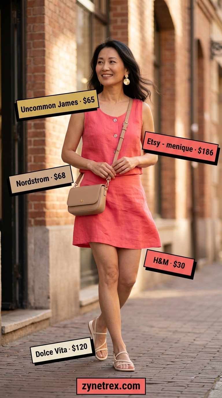 Coral pink linen two-piece set outfit for women over 50, perfect for summer parties and vacation evenings in 2026.