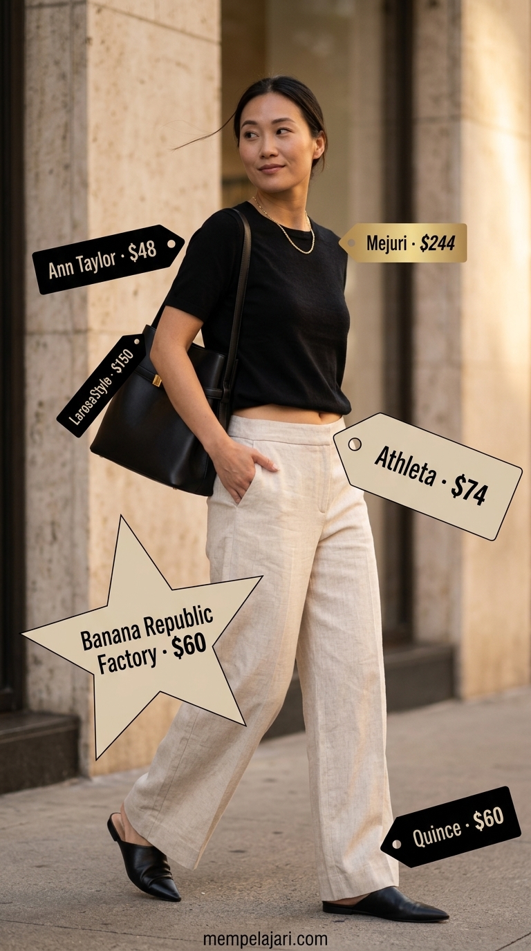 Elegant cream linen pants and black knit top outfit for women over 50, ideal for casual dinners in 2026.