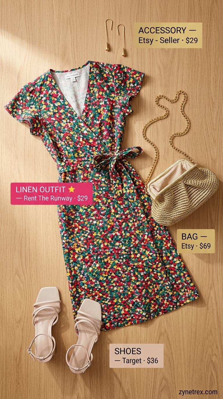 Multicolor floral linen wrap dress for women over 50, perfect summer wedding guest outfit 2026.