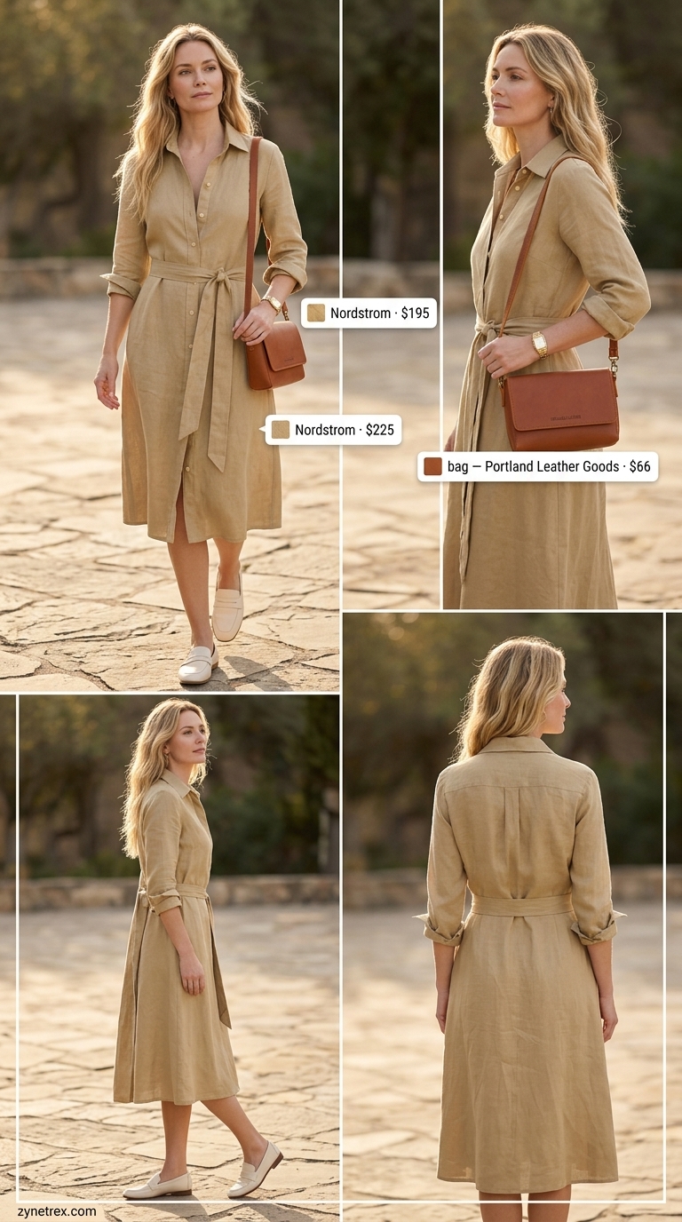 Khaki beige linen shirt dress for women over 50, effortless travel and casual day style 2026.