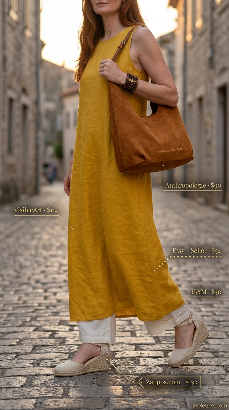 Mustard yellow linen maxi dress for women over 50, elegant resort wear for summer evenings 2026.