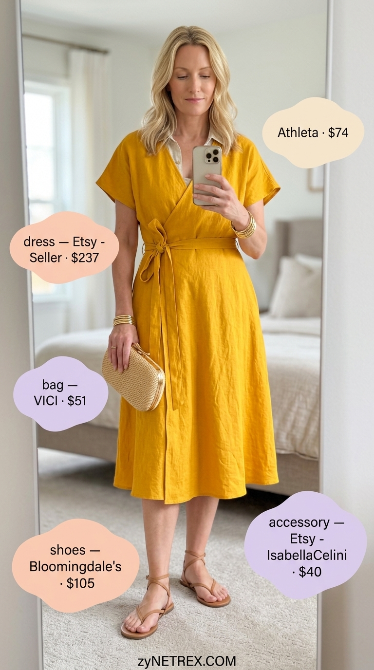 Mustard yellow linen wrap dress for women over 50, chic garden party outfit 2026.