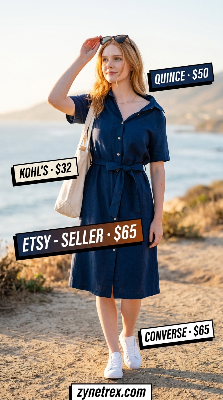 Navy blue linen shirt dress outfit for women over 50, a versatile choice for casual days and travel in 2026.