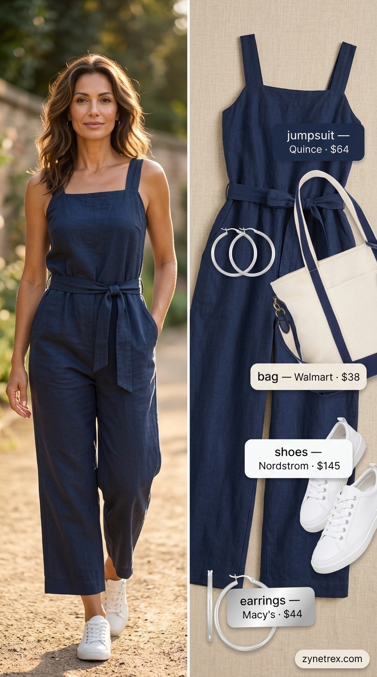 Navy blue linen jumpsuit for women over 50, stylish and comfortable travel outfit 2026.