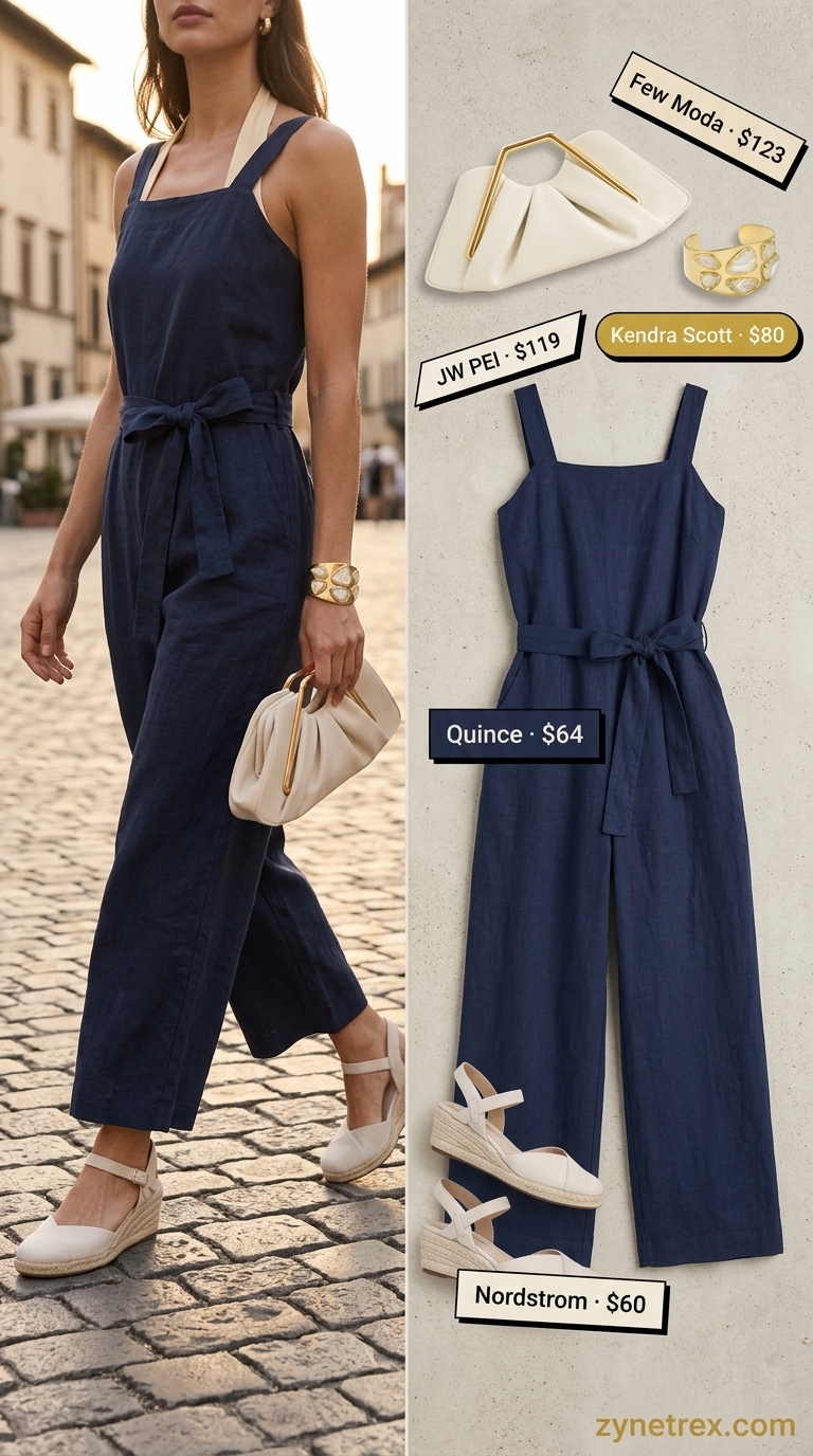 Navy blue linen wide-leg jumpsuit outfit for women over 50, sophisticated for dinner and summer parties in 2026.