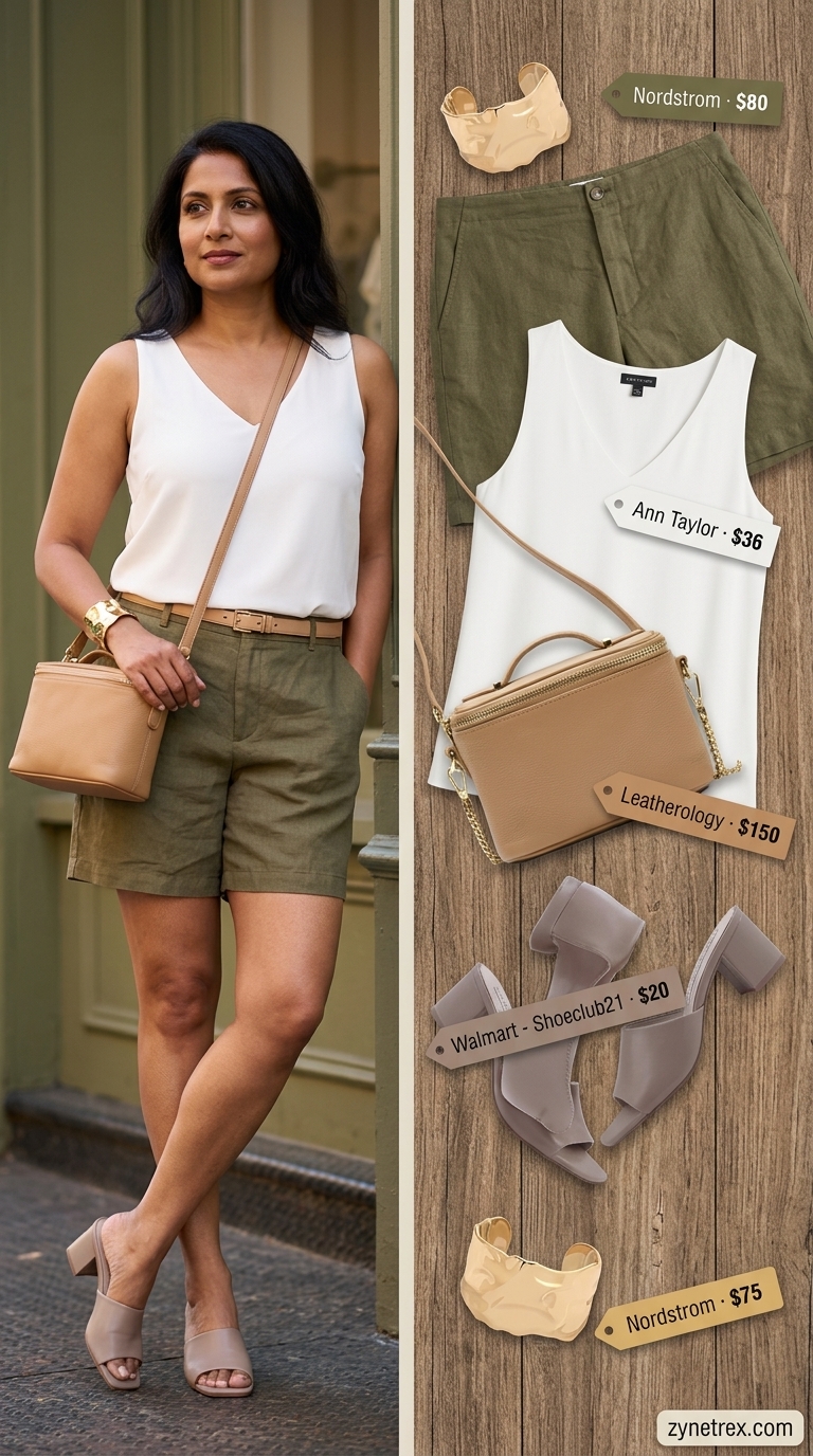 Olive green linen shorts outfit for women over 50, polished daytime event style 2026.