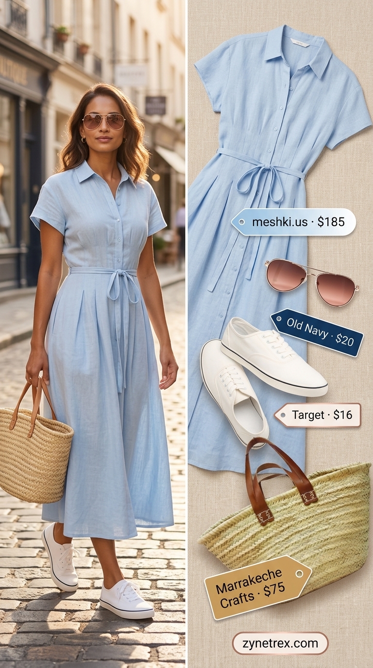 Sky blue linen A-line dress for women over 50, relaxed beach outing and brunch style 2026.
