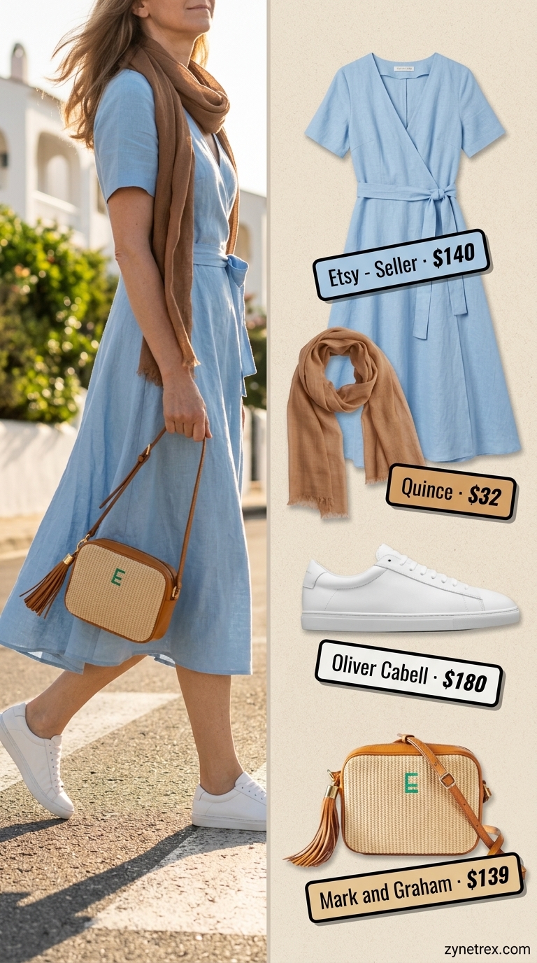 Sky blue linen midi dress outfit for women over 50, ideal for daytime events and coastal lunches in 2026.