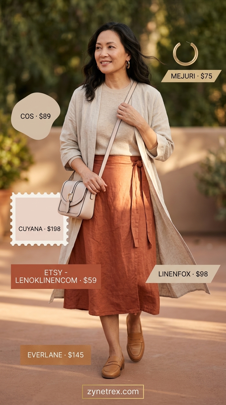 Terracotta linen midi skirt and beige knit top outfit for women over 50, polished for casual lunches in 2026.