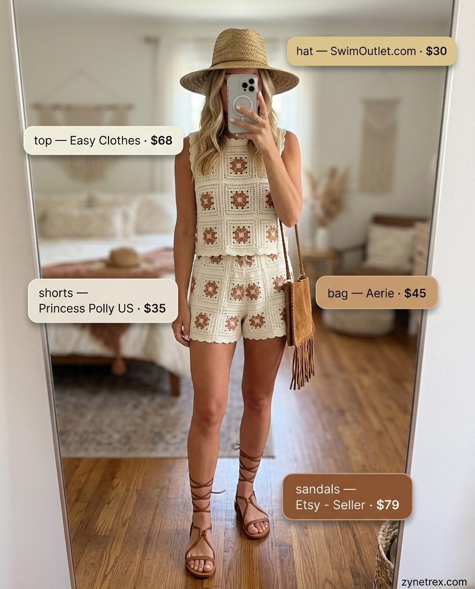Cream crochet matching set shorts outfit for women 2026, perfect for beach days or festivals.