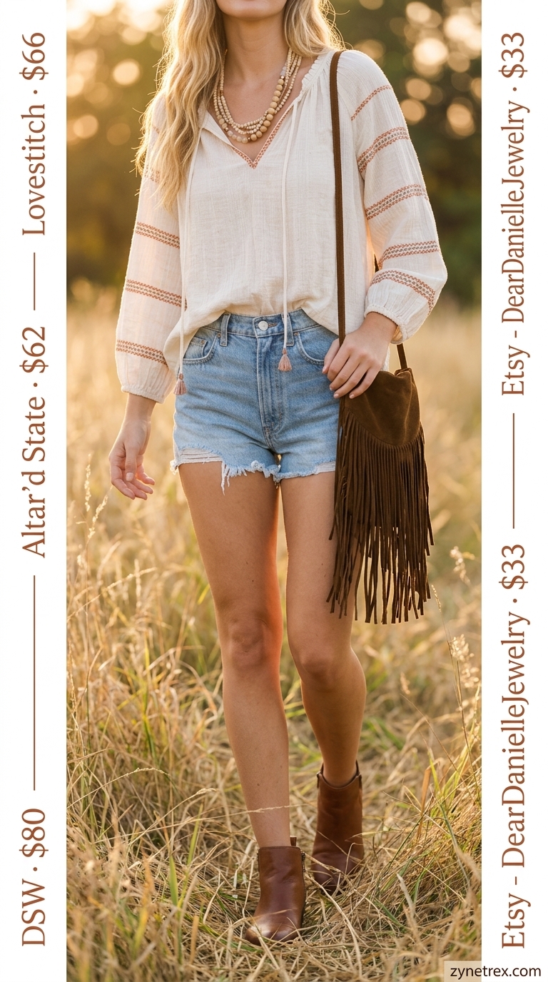 Denim shorts outfit for women 2026: peasant blouse, ankle boots, fringe bag for boho style.
