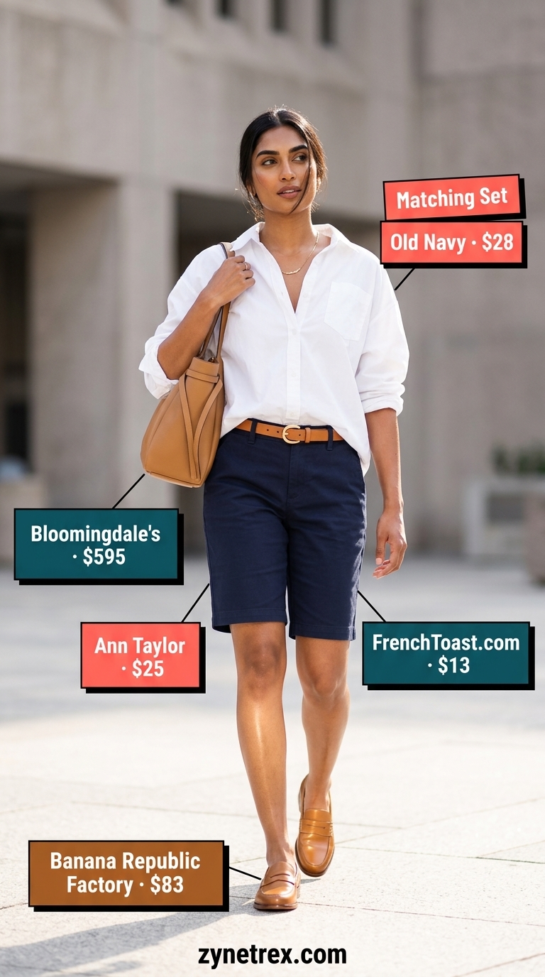 Navy blue Bermuda shorts outfit for women 2026: white shirt, loafers, tote bag for city casual.