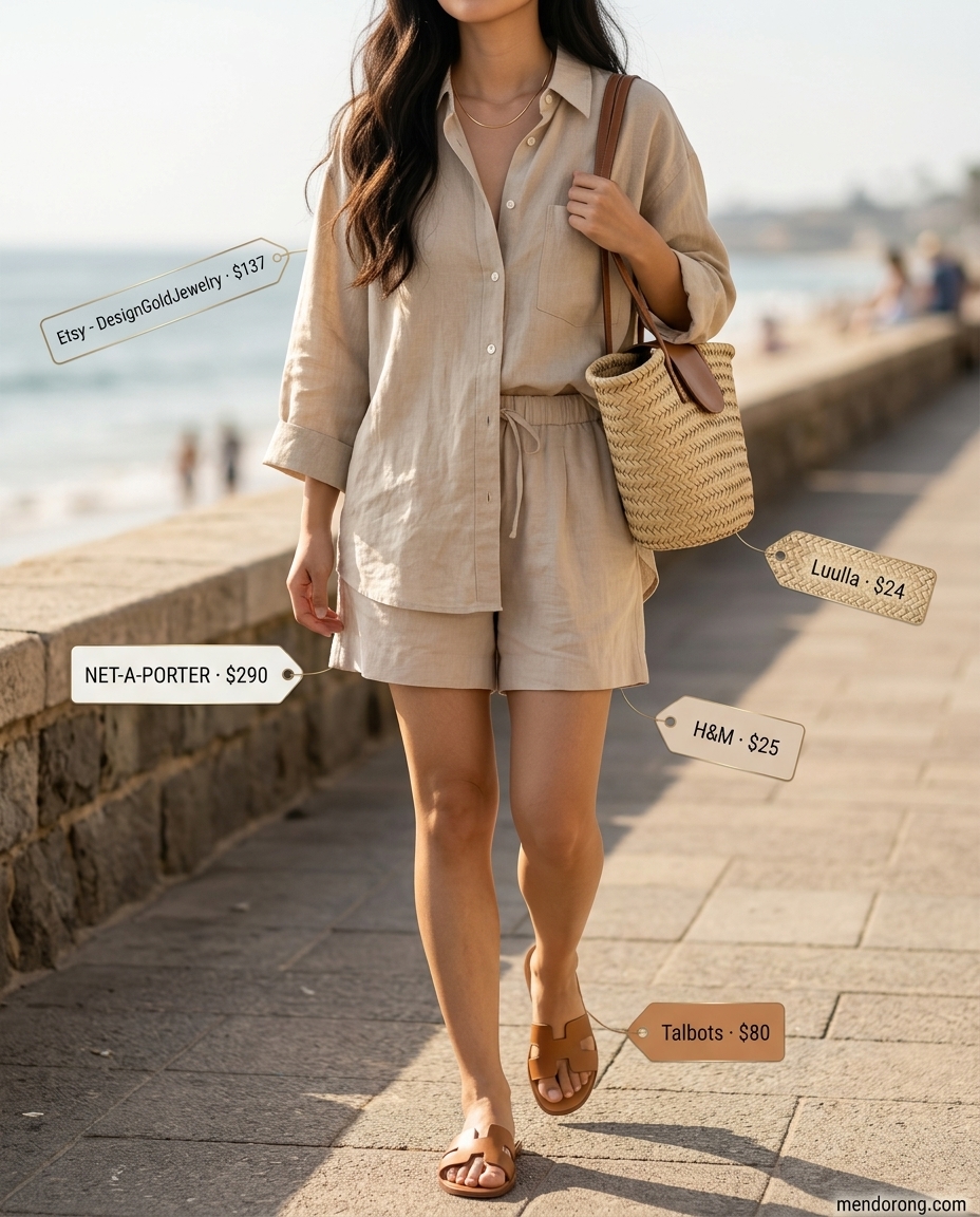 Sandy beige linen matching set shorts outfit for women 2026, for beach days or weekend getaways.