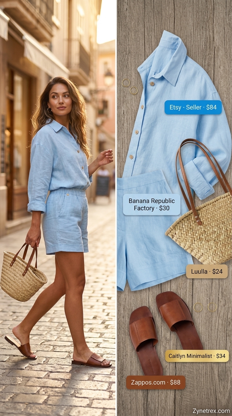 Sky blue linen matching set shorts outfit for women 2026, for daytime errands or beachside cafes.