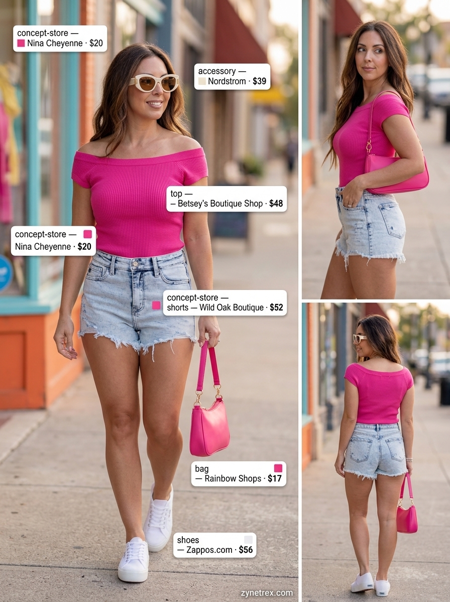 Light wash denim shorts outfit for women 2026: striped knit top, platform sneakers, mini bag for casual.