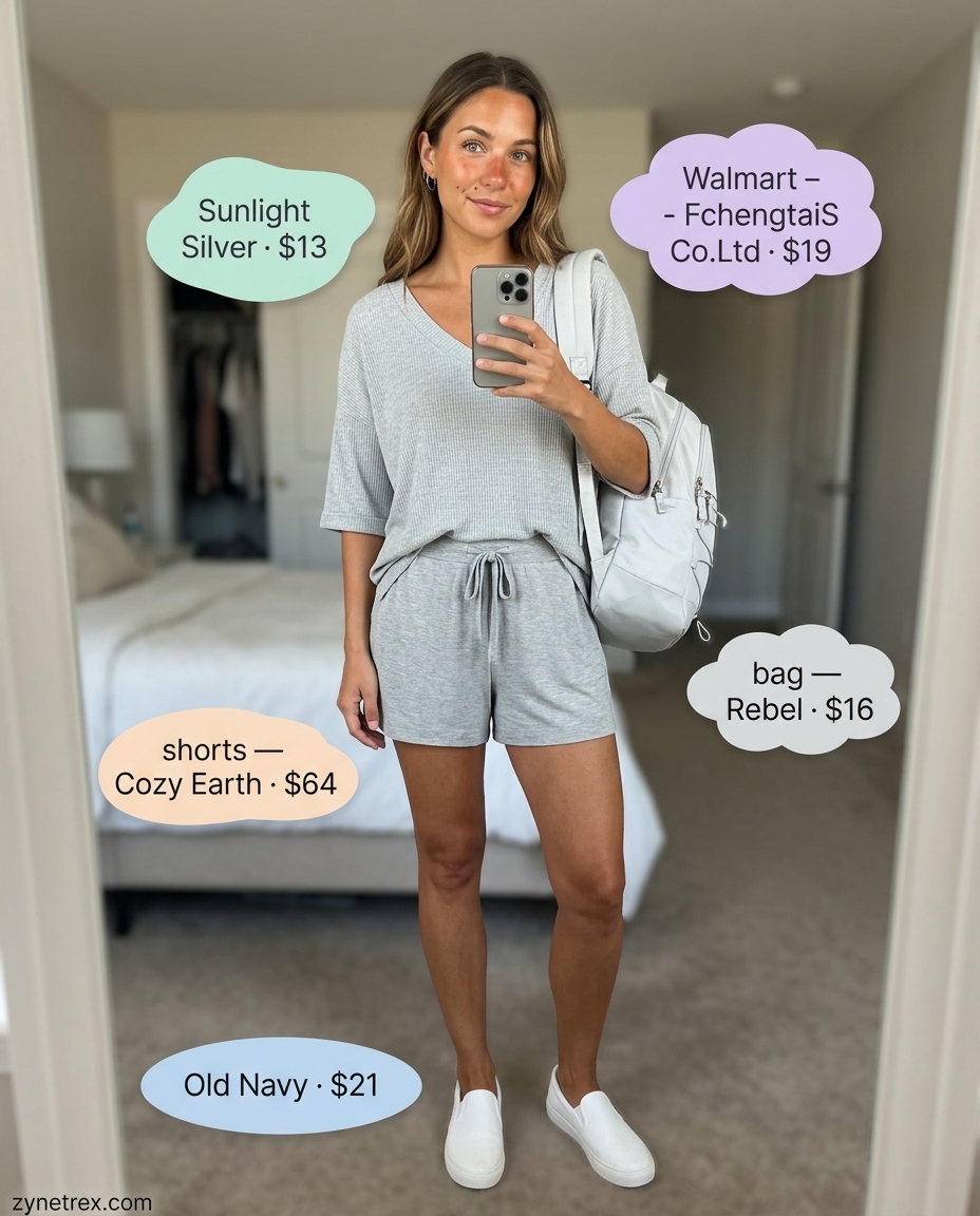 Light grey knit matching set shorts outfit for women 2026, for travel or comfortable loungewear.