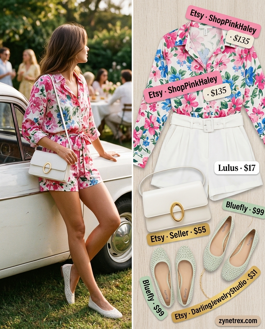Floral print matching set shorts outfit for women 2026: camp collar shirt, ballet flats for brunch.