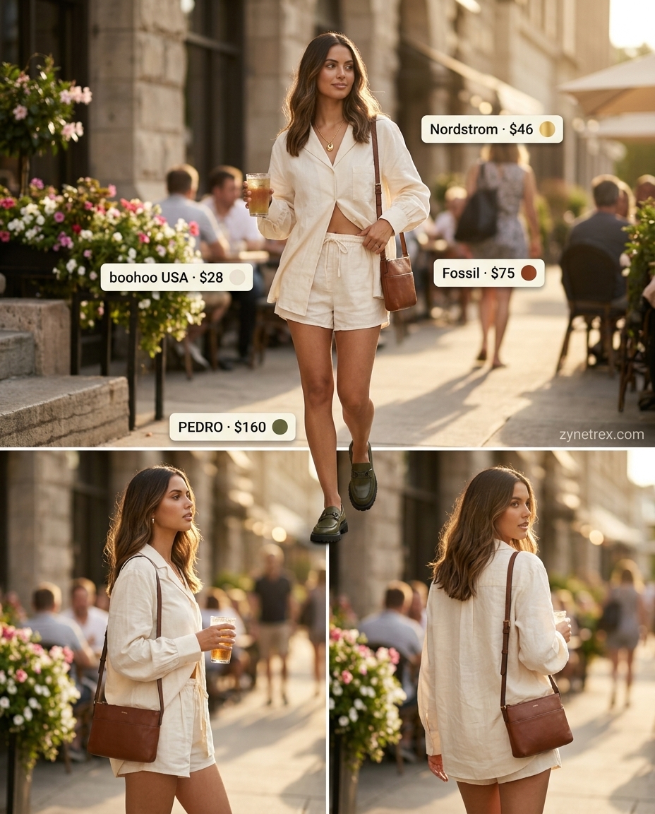 Cream linen matching set shorts outfit for women 2026: button-down shirt, loafers for brunch.