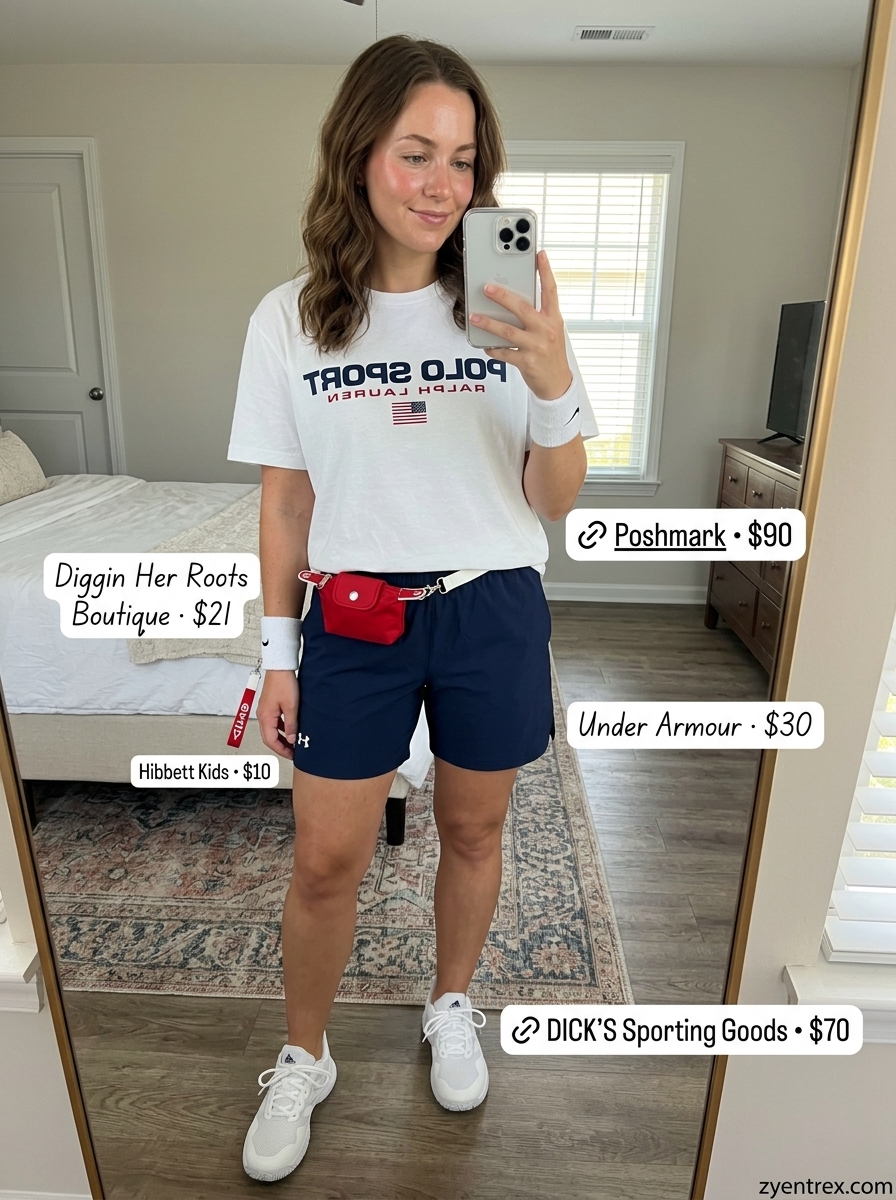 White and navy athletic matching set shorts outfit for women 2026, for tennis or sporty occasions.