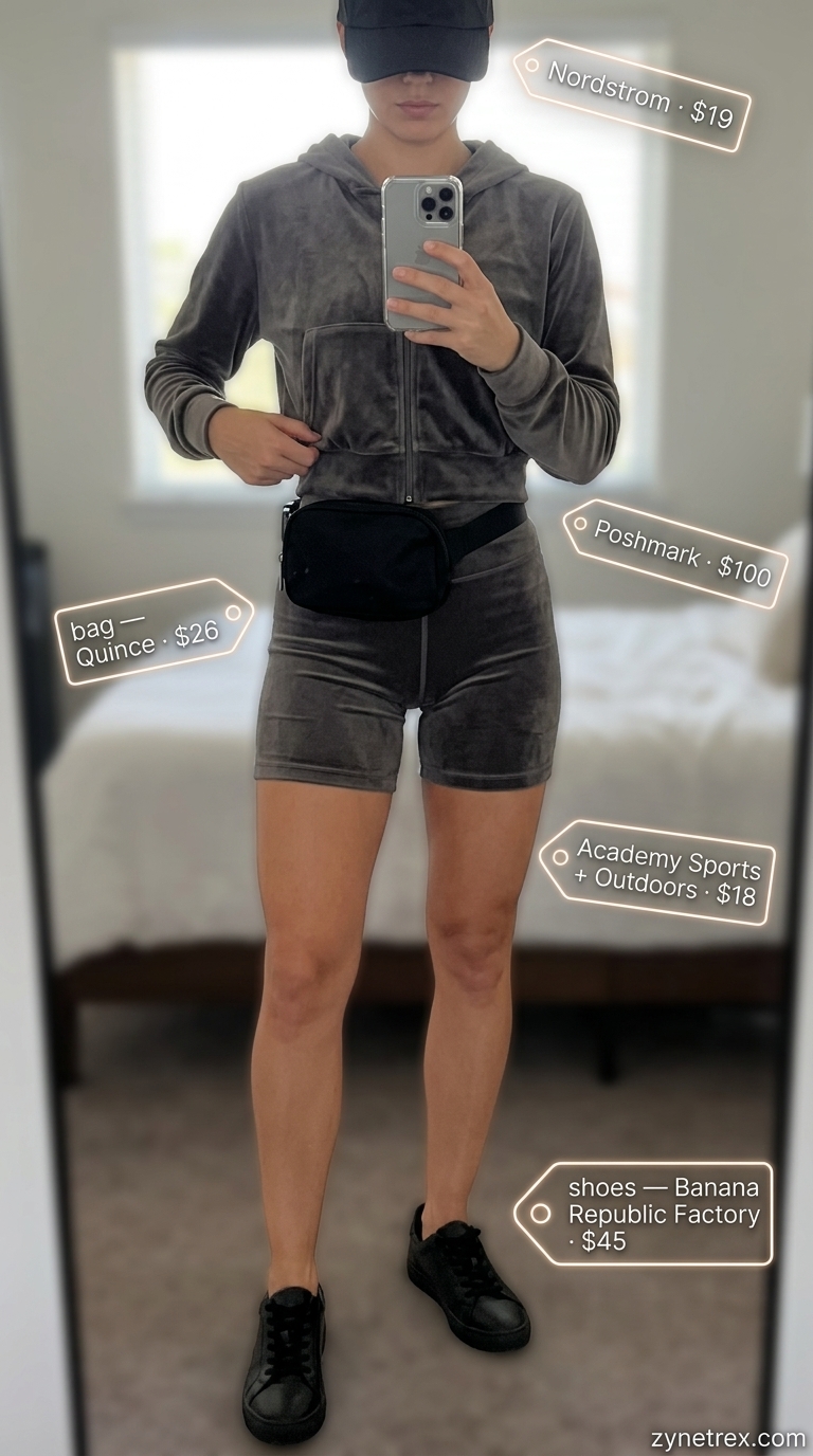 Charcoal grey biker shorts and hoodie matching set outfit for women 2026, for errands or travel.