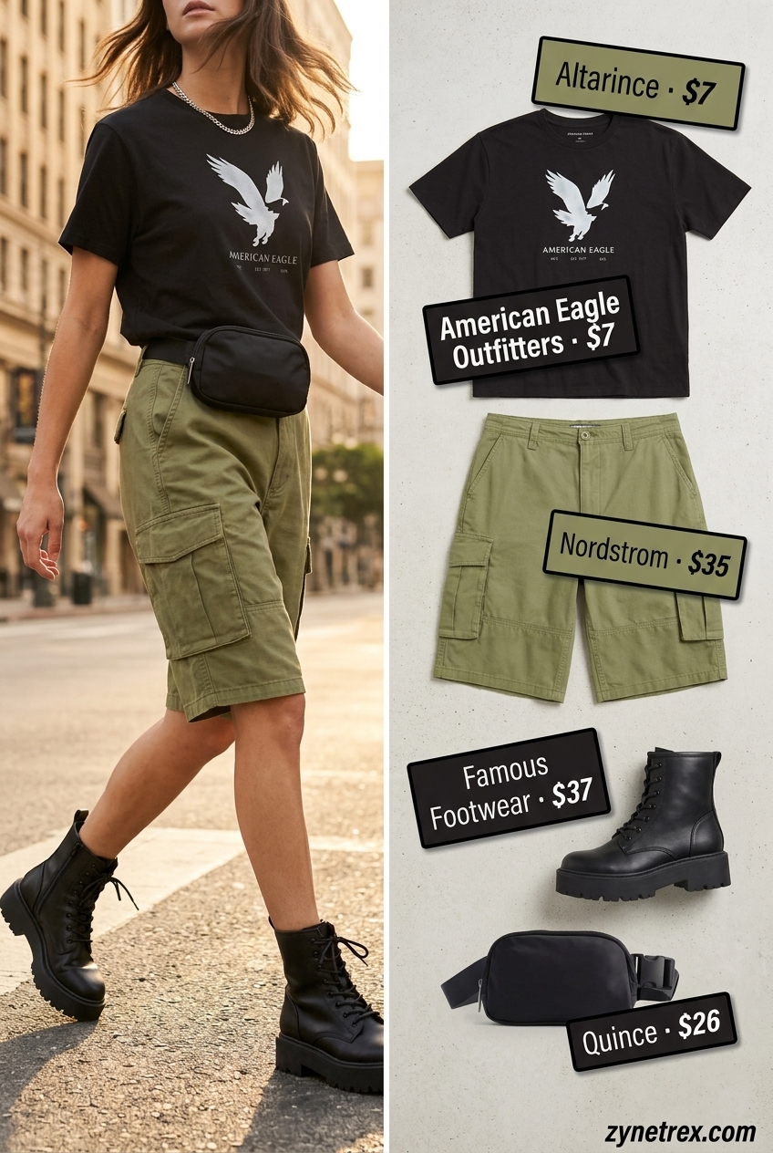 Olive green cargo shorts outfit for women 2026: graphic tee, combat boots, belt bag for city exploration.