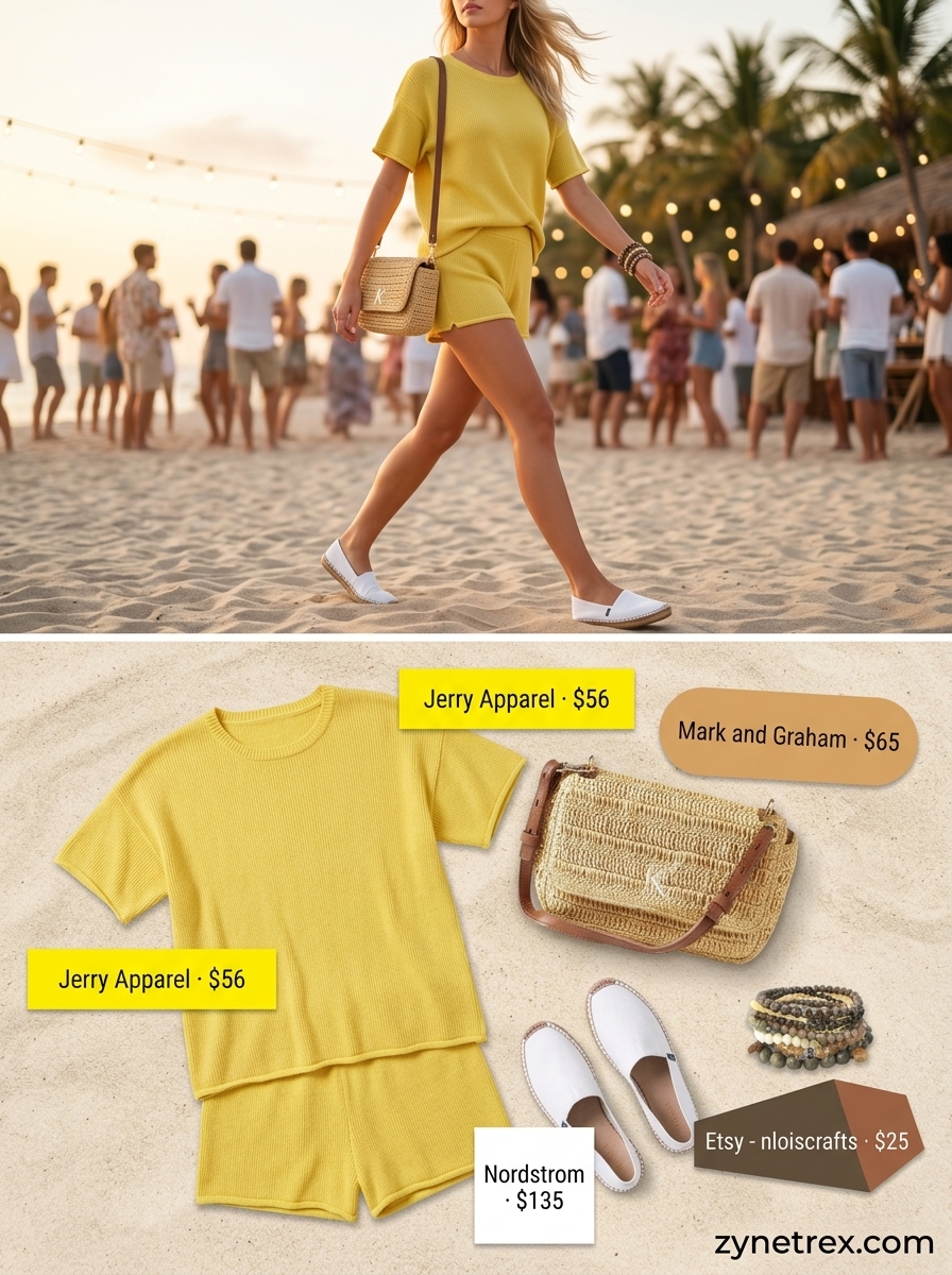 Yellow knit matching set shorts outfit for women 2026: espadrilles, woven bag for beach party.