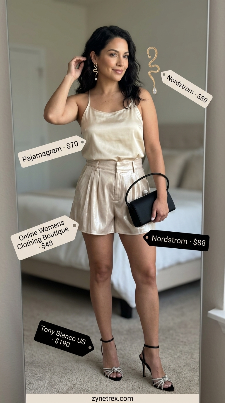 Champagne gold satin matching set shorts outfit for women 2026, glamorous for evening events. Features satin shorts, camisole, strappy heels.