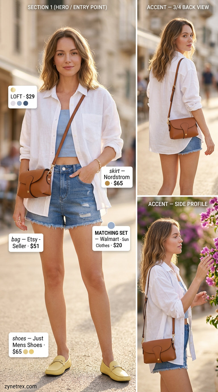 Denim shorts outfit for women 2026, casual for weekend outings. Features linen shirt, leather loafers, and crossbody bag.