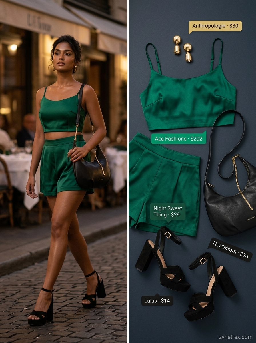 Emerald green satin matching set shorts outfit for women 2026, elegant for dinner dates. Features cowl neck cami, wide-leg pants, gold earrings.