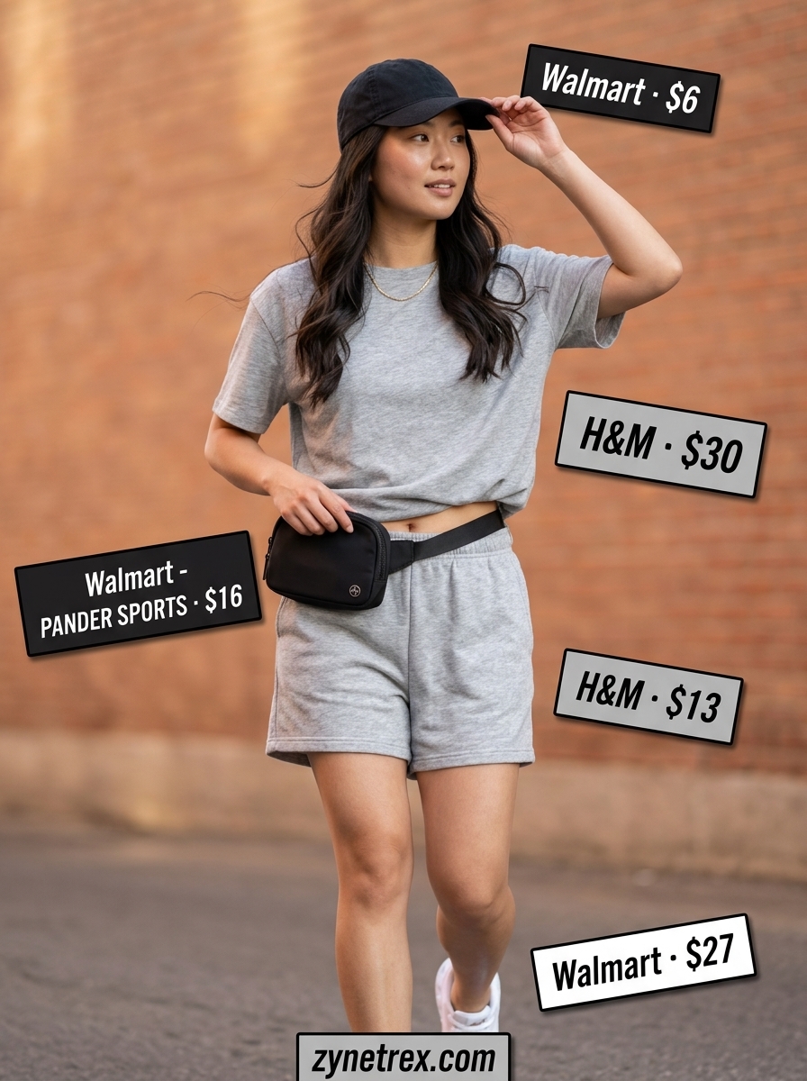 Soft grey knit matching set shorts outfit for women 2026, comfortable for casual weekends. Features relaxed t-shirt, elastic shorts, sneakers.