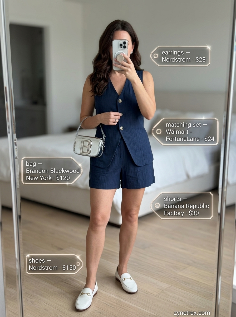 Navy blue tailored matching set shorts outfit for women 2026, sophisticated for city sightseeing. Features high-waist shorts, vest top, leather loafers.