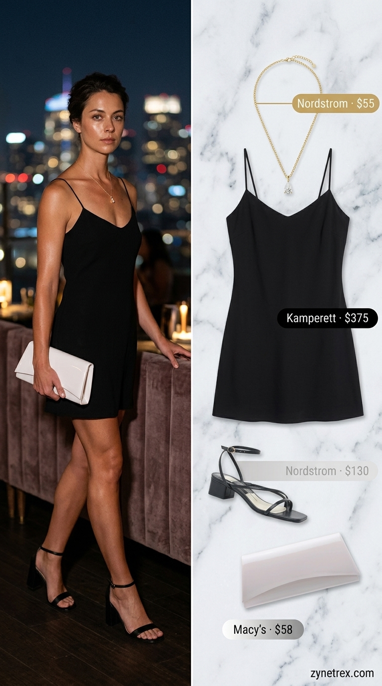 Chic black slip mini dress outfit for women 2026, perfect for cocktail lounges and dinner dates. Styled with gold necklace and cream clutch.