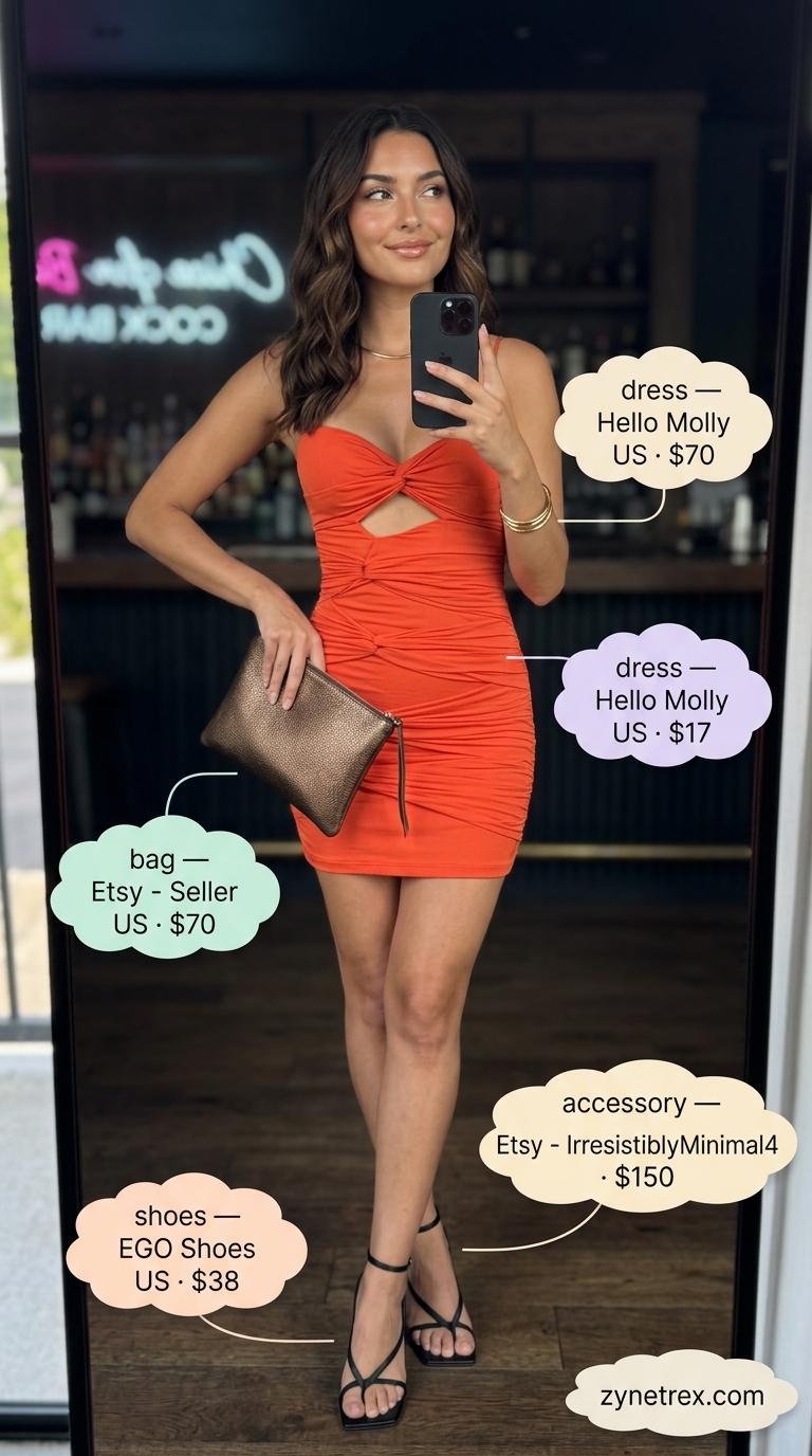 Alluring burnt orange ruched mini dress outfit for women 2026, perfect for cocktail bars and nightclubs. Styled with black strappy heels.